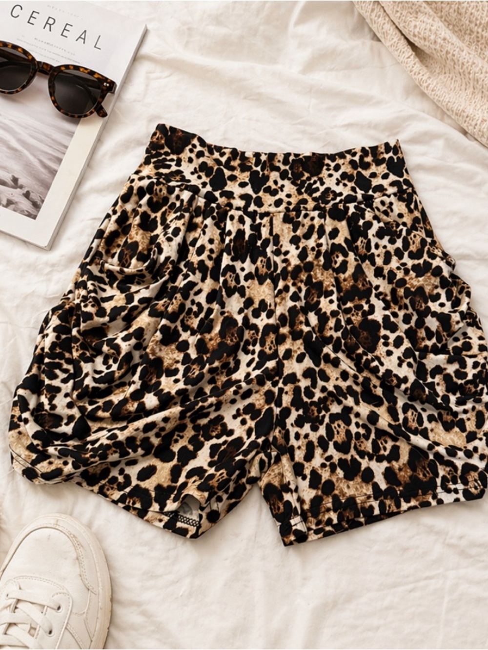 Le Lis Leopard Print High-Waist Women's Shorts - Beige & Black